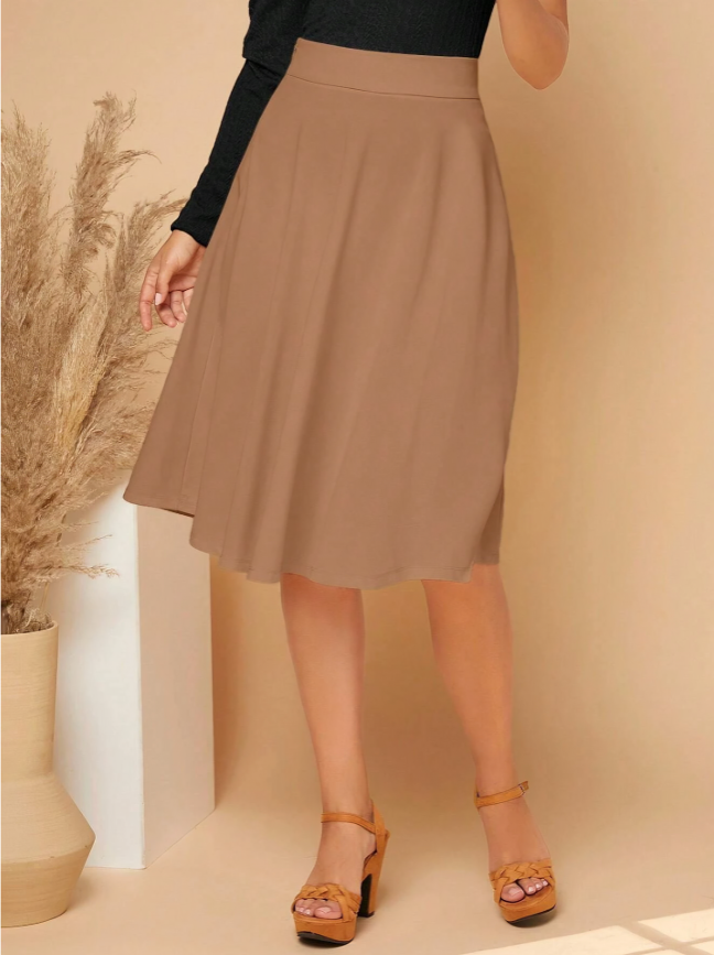 Camel Prive Zipper Side Solid Flare Skirt