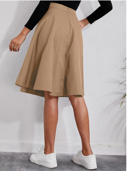 Khaki  Elegant  High-Waist Flare Skirt