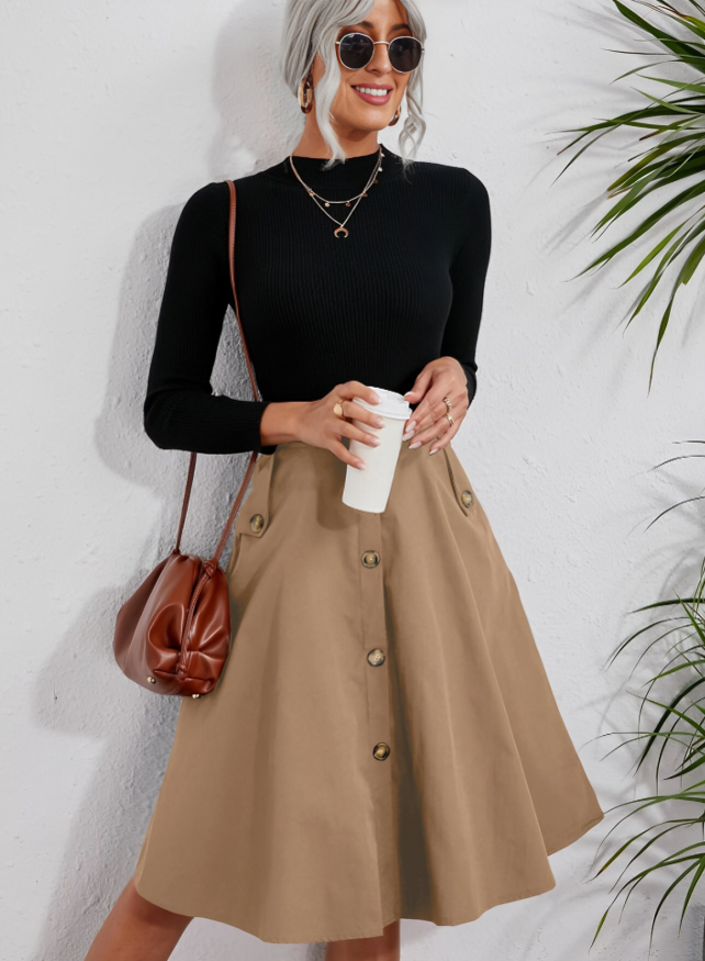 Khaki  Elegant  High-Waist Flare Skirt