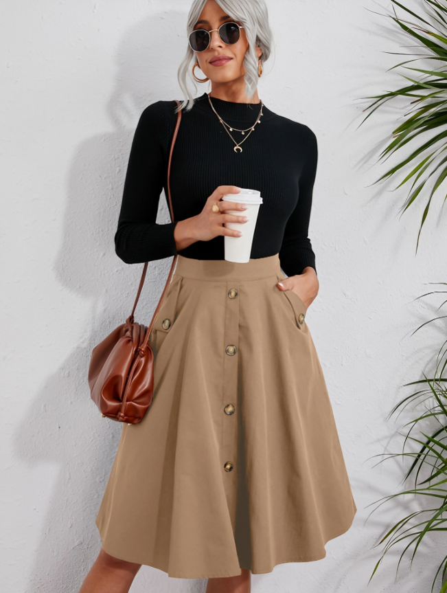 Khaki  Elegant  High-Waist Flare Skirt